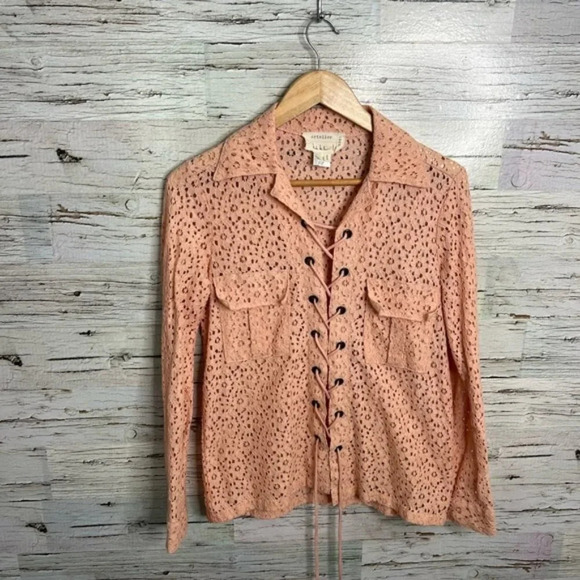 Artelier Nicole miller pink lace up lace blouse  size p (xs) - Picture 1 of 11